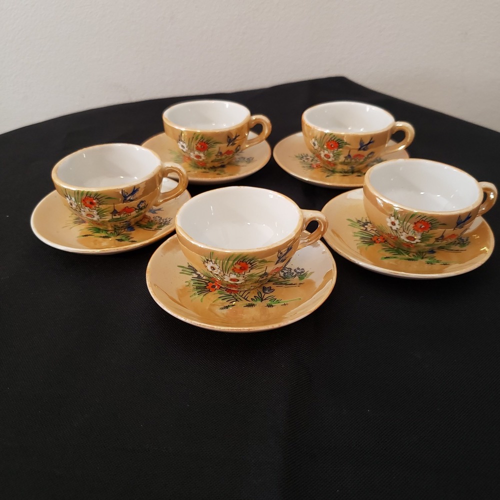 Vintage Japanese Lusterware Child Tea Cup & Saucer Sets(4) Handpainted Porcelain